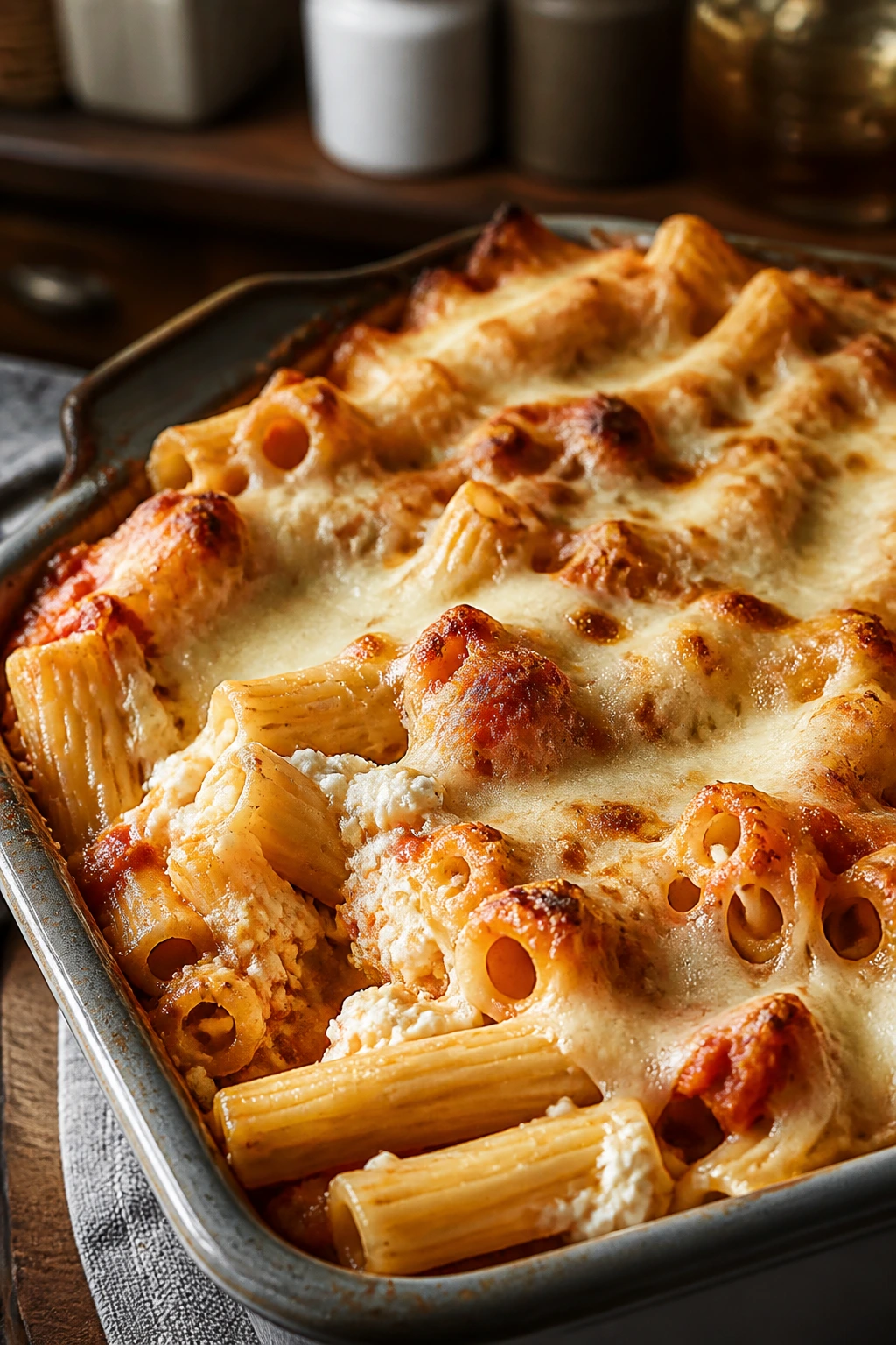 Close-up of baked ziti with cottage cheese topping.