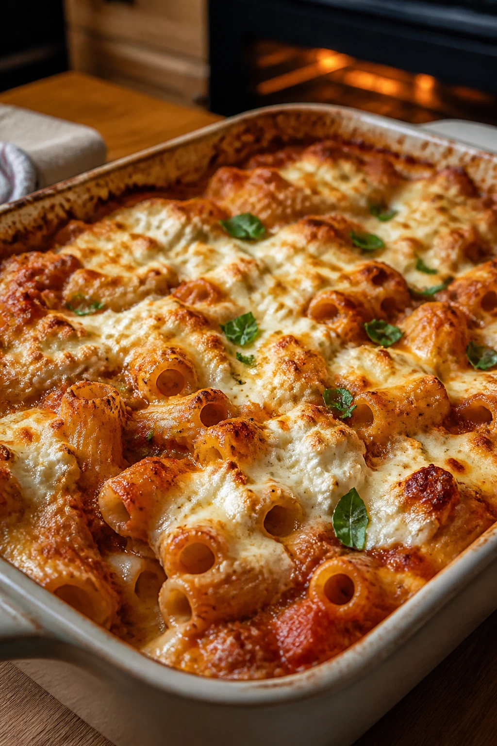 Close-up of bubbling baked ziti with cottage cheese in a 9x13 dish on a warm kitchen counter