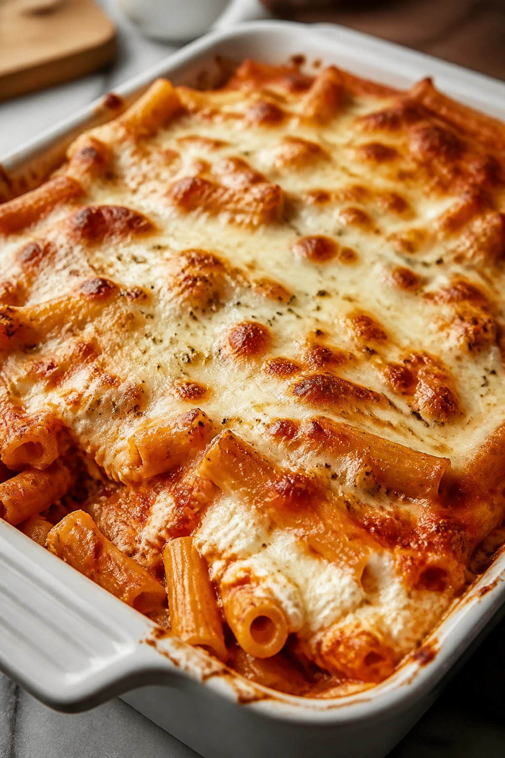 Close-up of Baked Ziti with Cottage Cheese in a baking dish