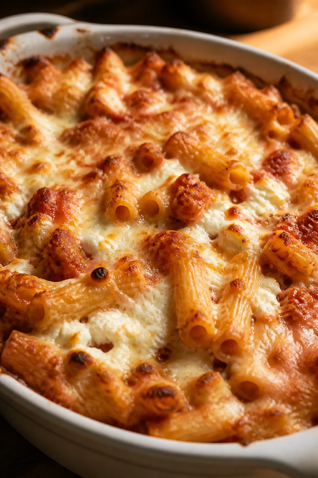 Baked ziti with cottage cheese topping in baking dish