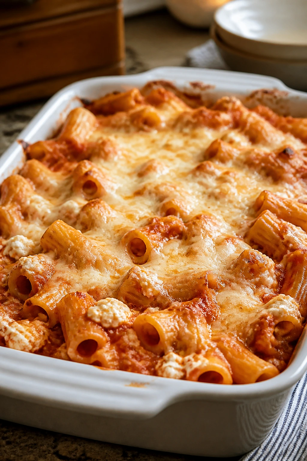 Close-up of baked ziti with cottage cheese and melted mozzarella