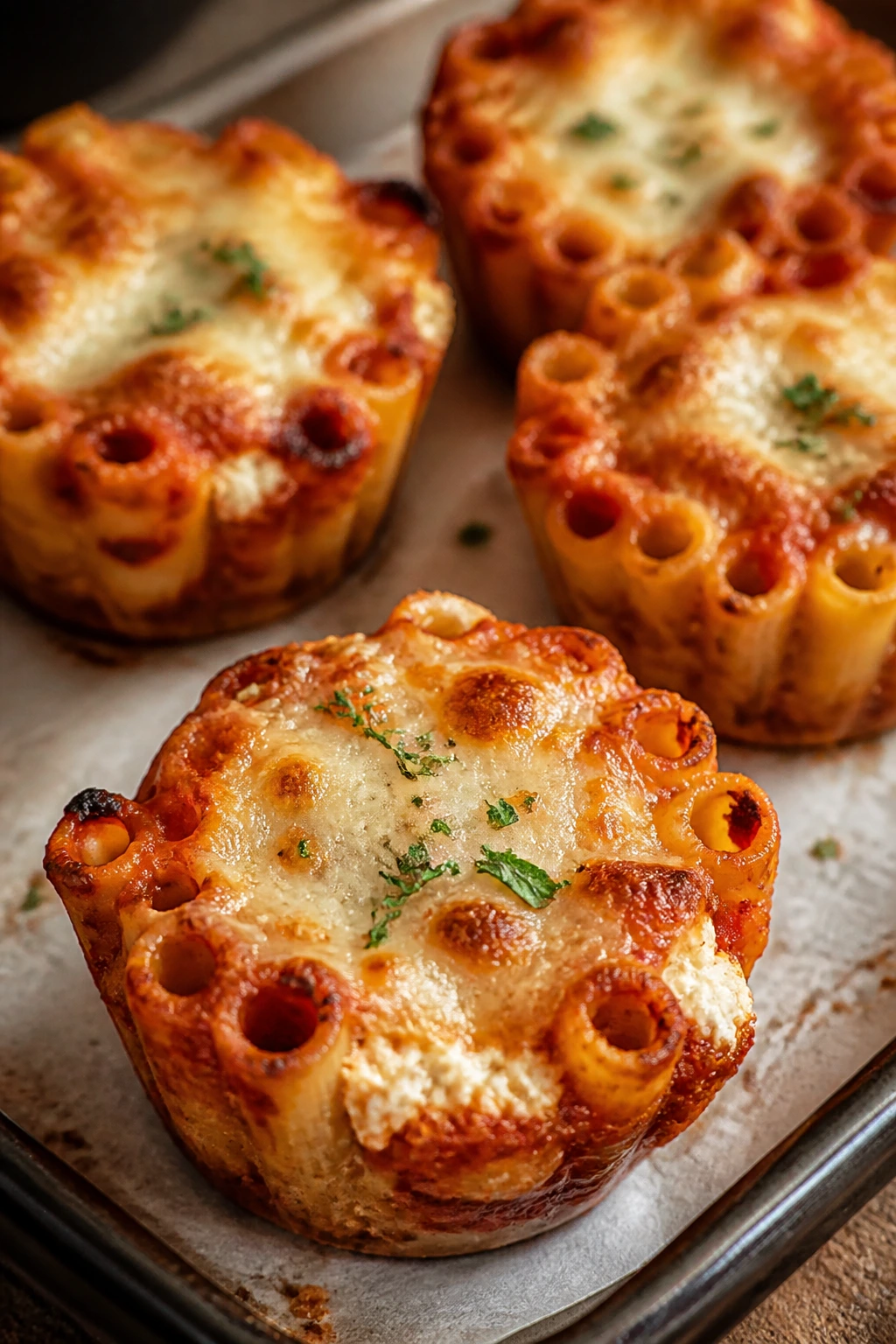 Baked ziti cups with ricotta center and mozzarella topping