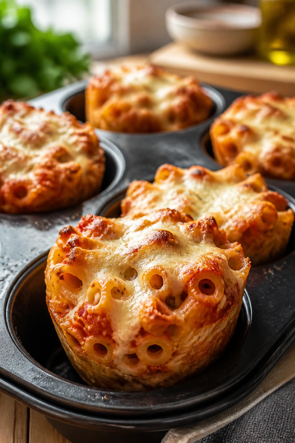Ziti cups with marinara and cheese in muffin tin