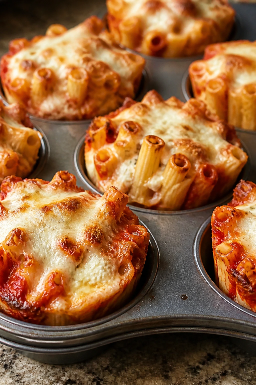 Close-up of baked ziti cups topped with melted cheese
