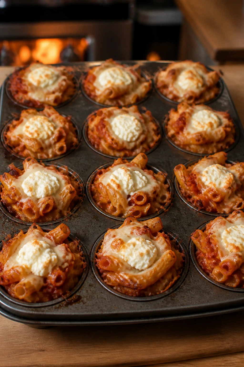 Baked ziti cups in muffin tin with cheese topping