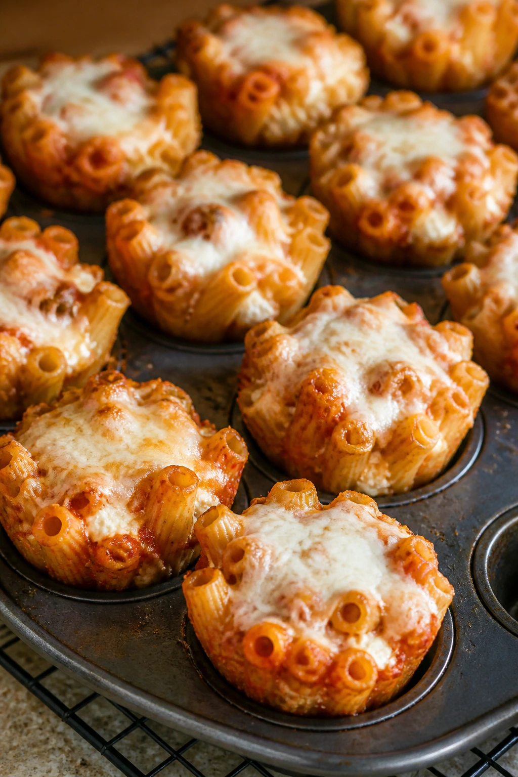 Close-up of baked ziti cups with ricotta and mozzarella tops in muffin cups