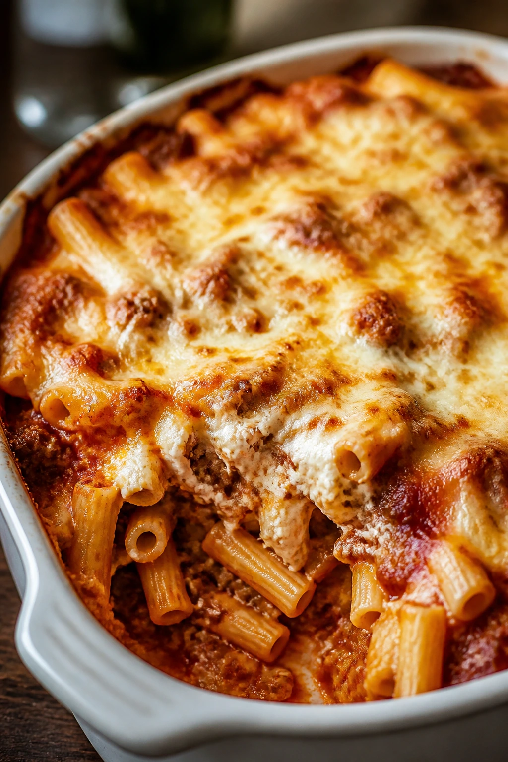Baked ziti with ground beef and melted cheese