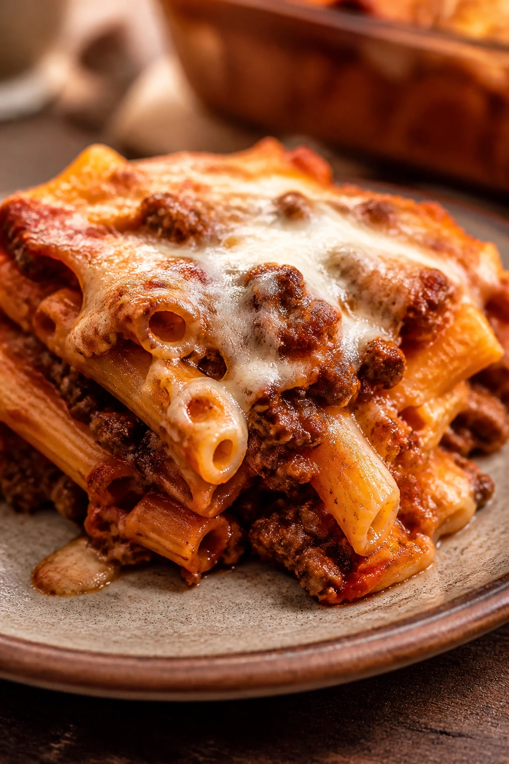 Close-up of baked ziti with hamburger on a plate