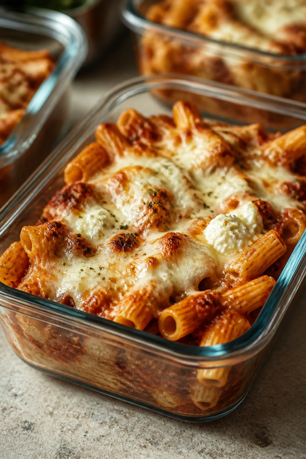 Baked ziti in a lunch container with melted cheese