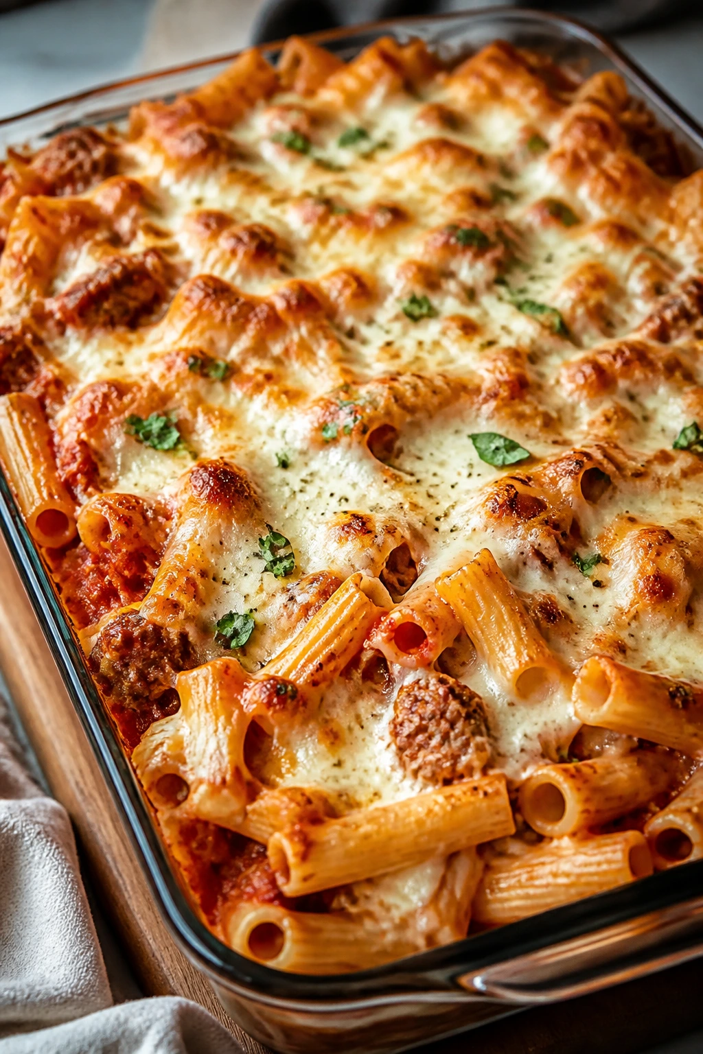 Baked ziti in a bronzed 9x13 dish