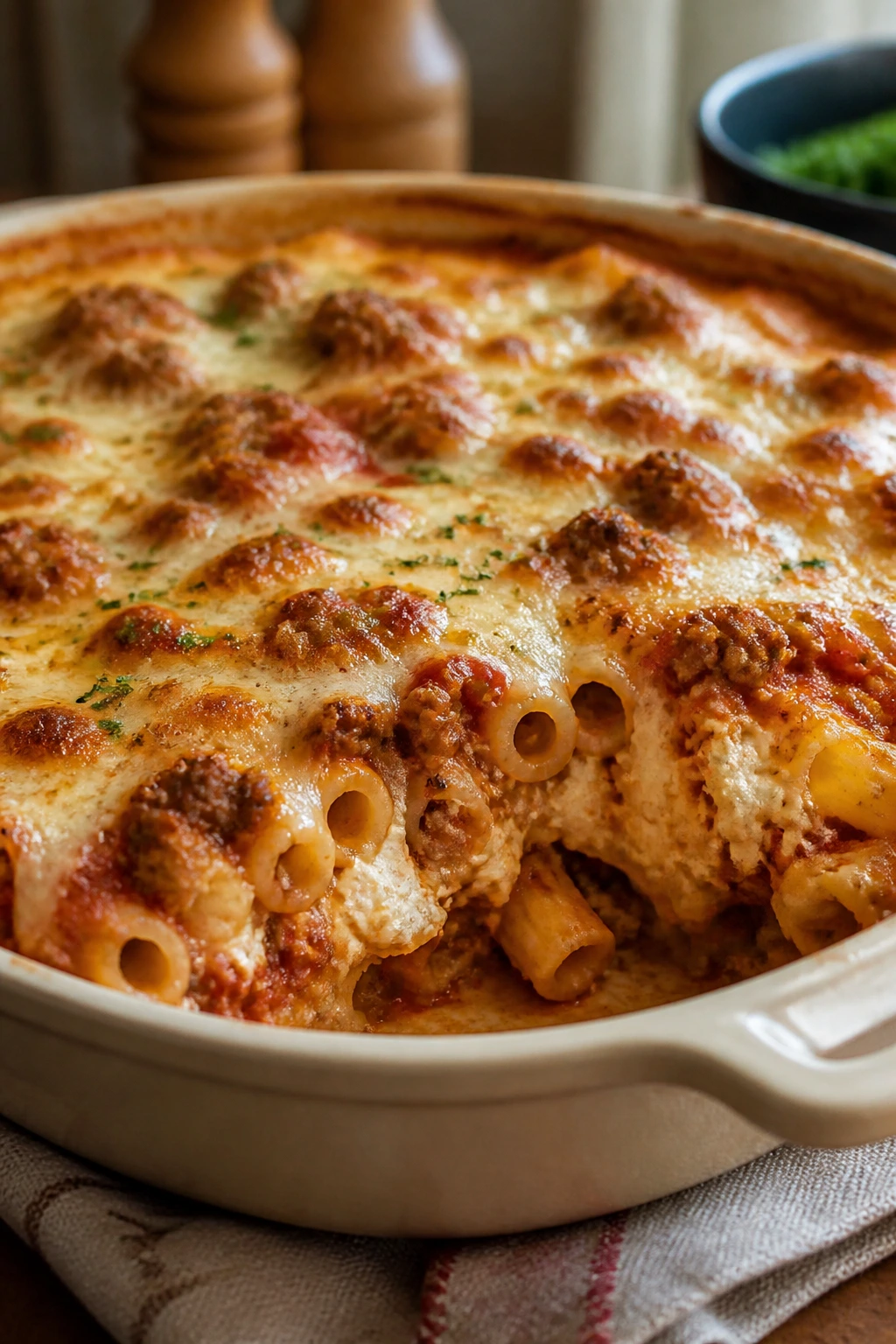 Baked ziti with mild sausage, bubbling cheese.