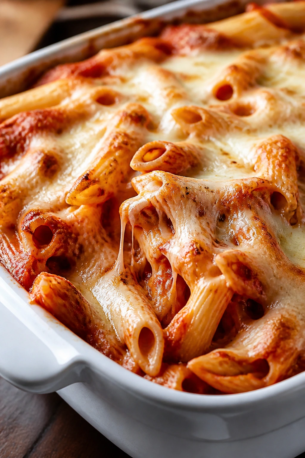 Close-up of ziti with mozzarella in a baking dish
