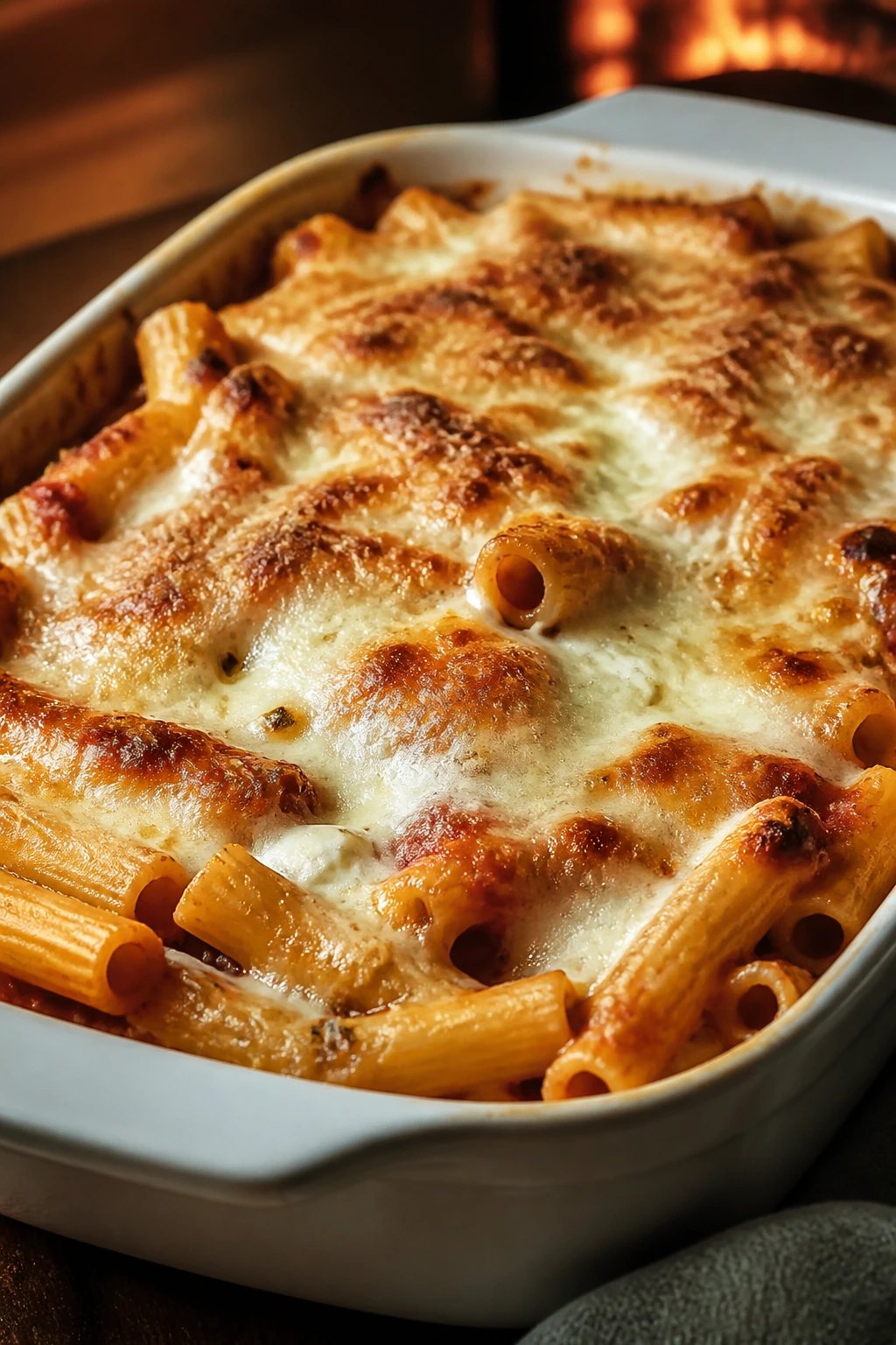 Baked ziti with mozzarella bubbling in a casserole dish