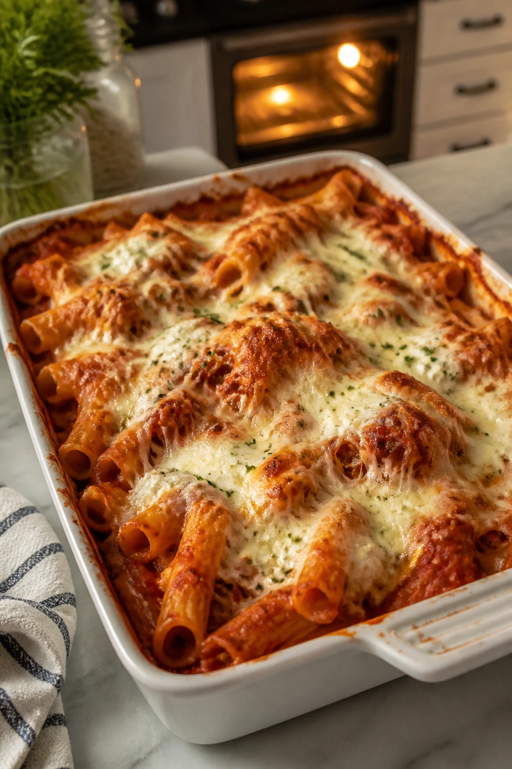 Baked ziti in a square dish with bubbling mozzarella