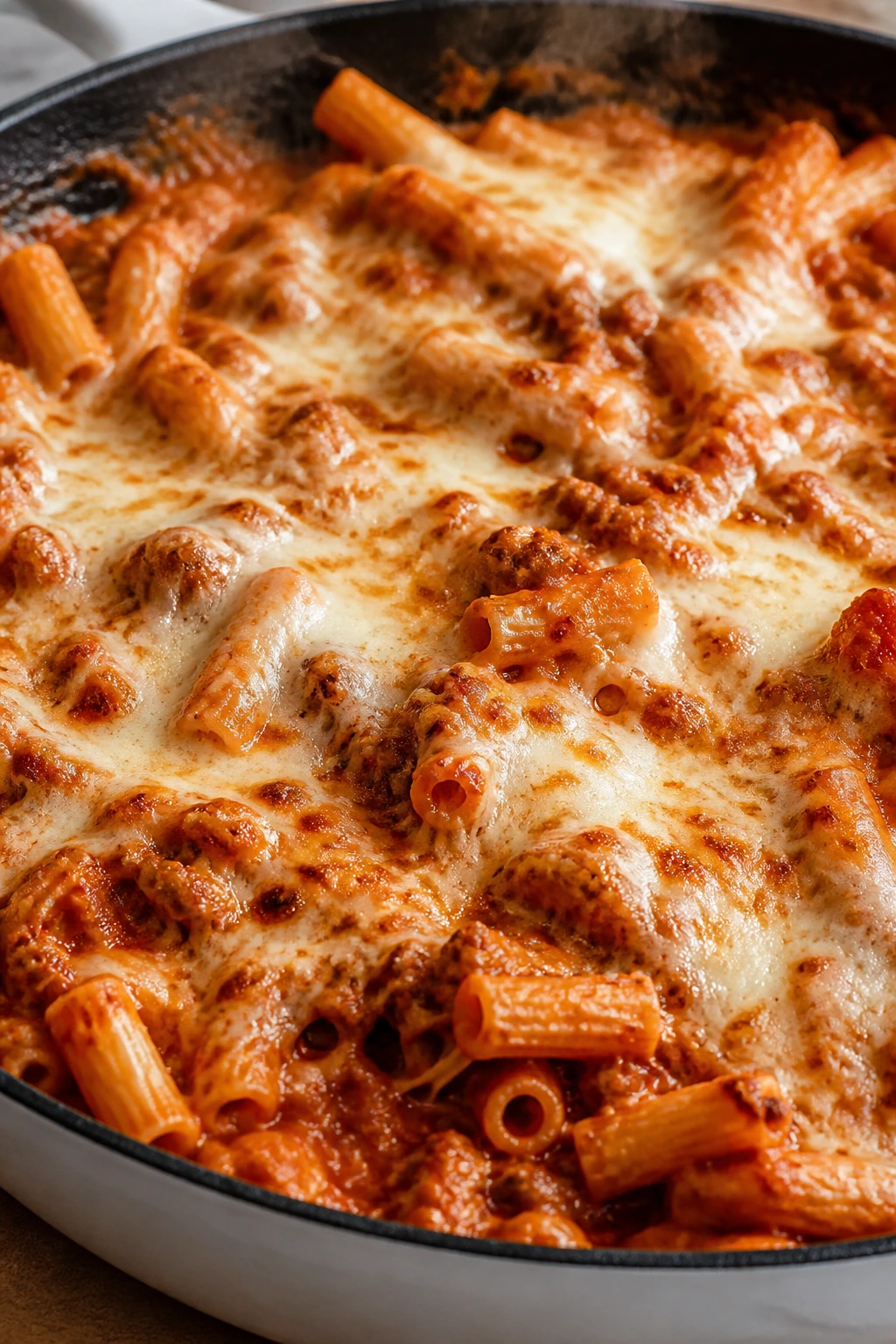 Close-up of bubbling baked ziti with golden mozzarella on a pan.