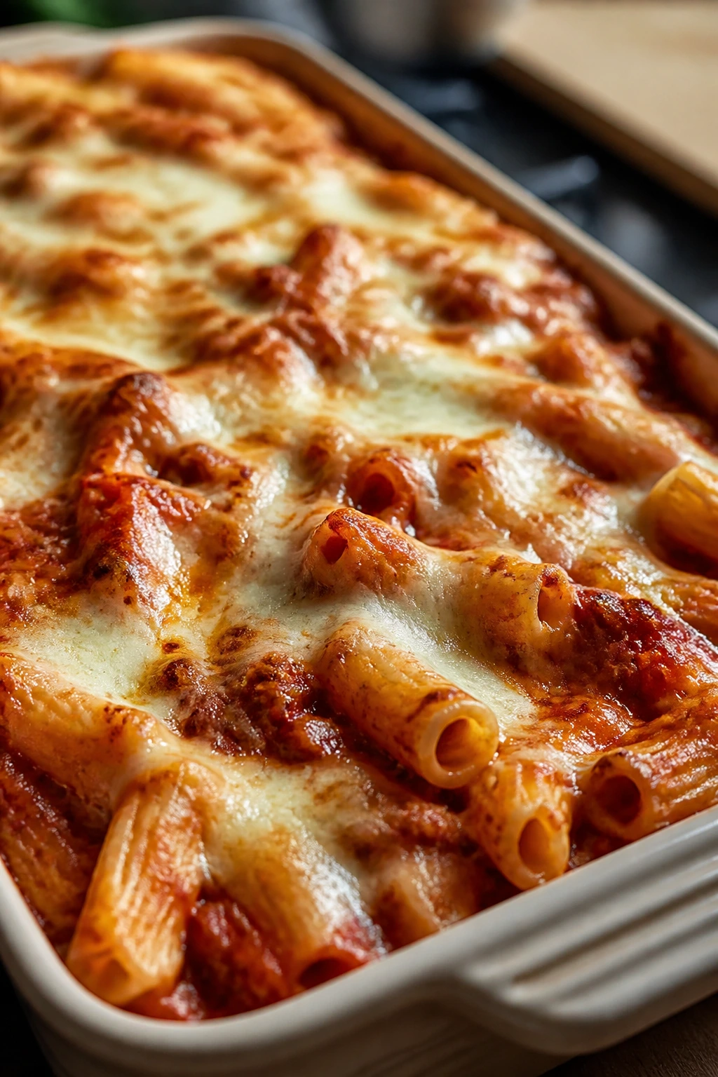 Close-up of bubbling baked ziti with mozzarella in a dish.