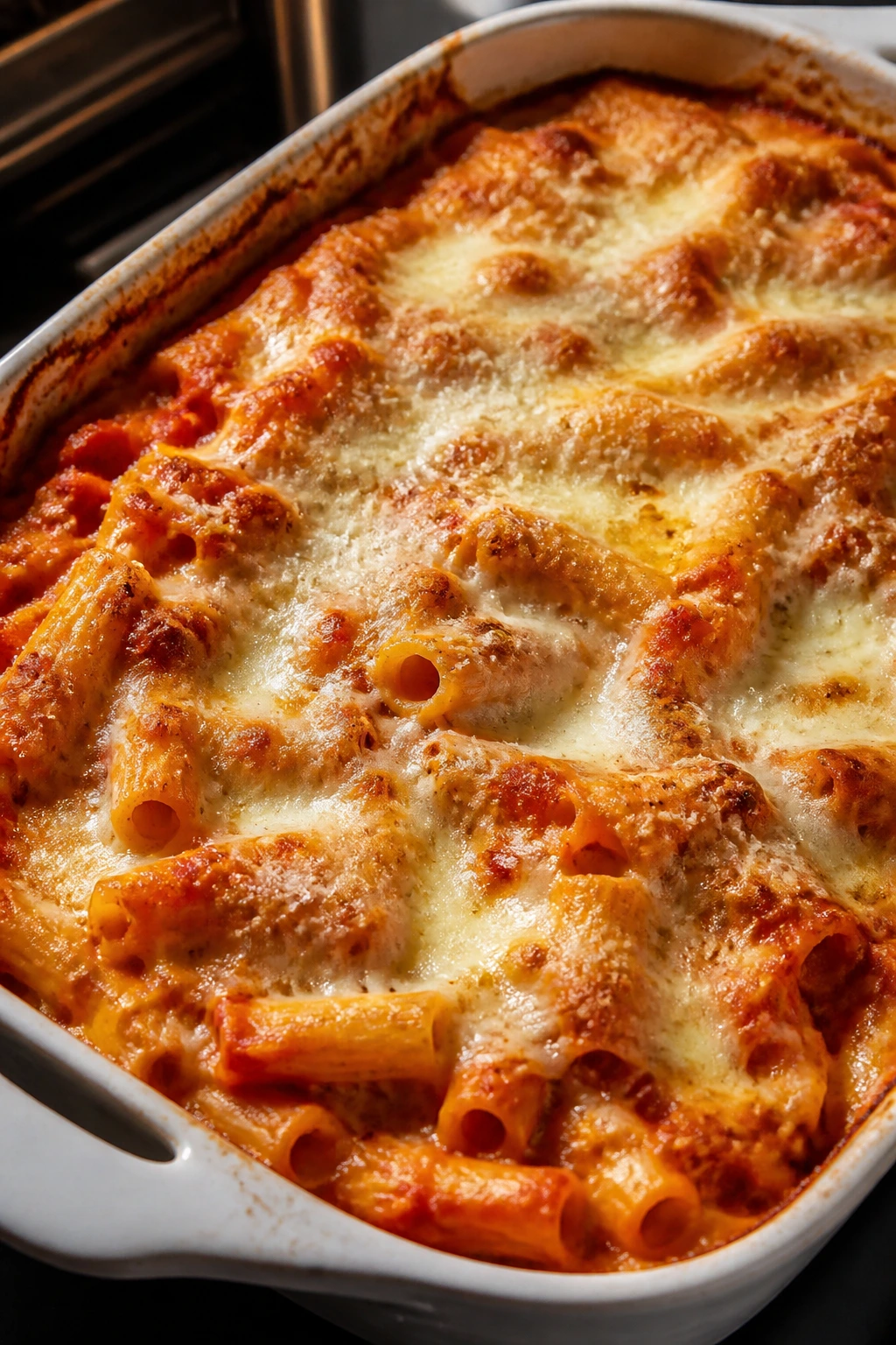 Bubbling baked ziti with mozzarella topping filling the dish.