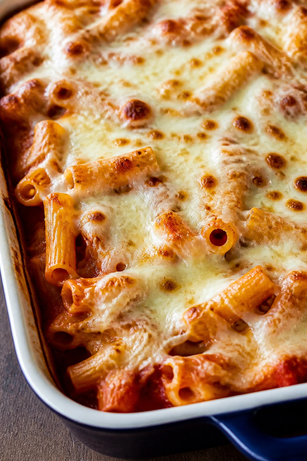 Close-up of baked ziti with mozzarella in a baking dish, bubbling