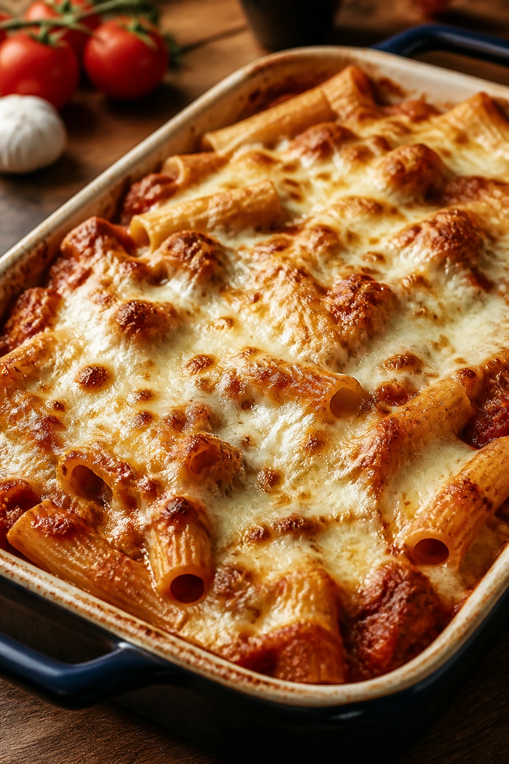Baked ziti with mozzarella bubbling on top in a casserole dish