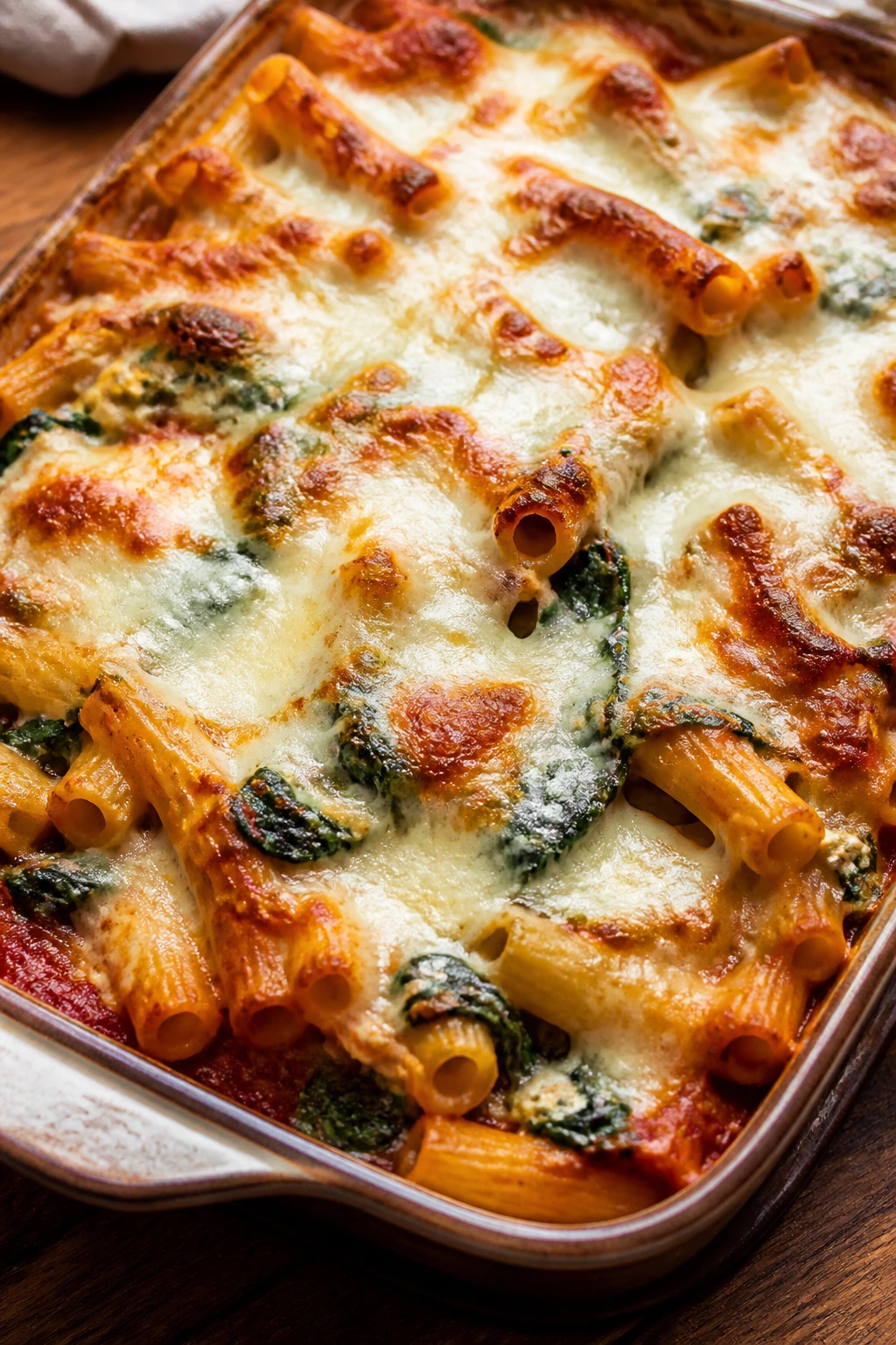 Close-up of baked ziti with spinach mozzarella in a baking dish