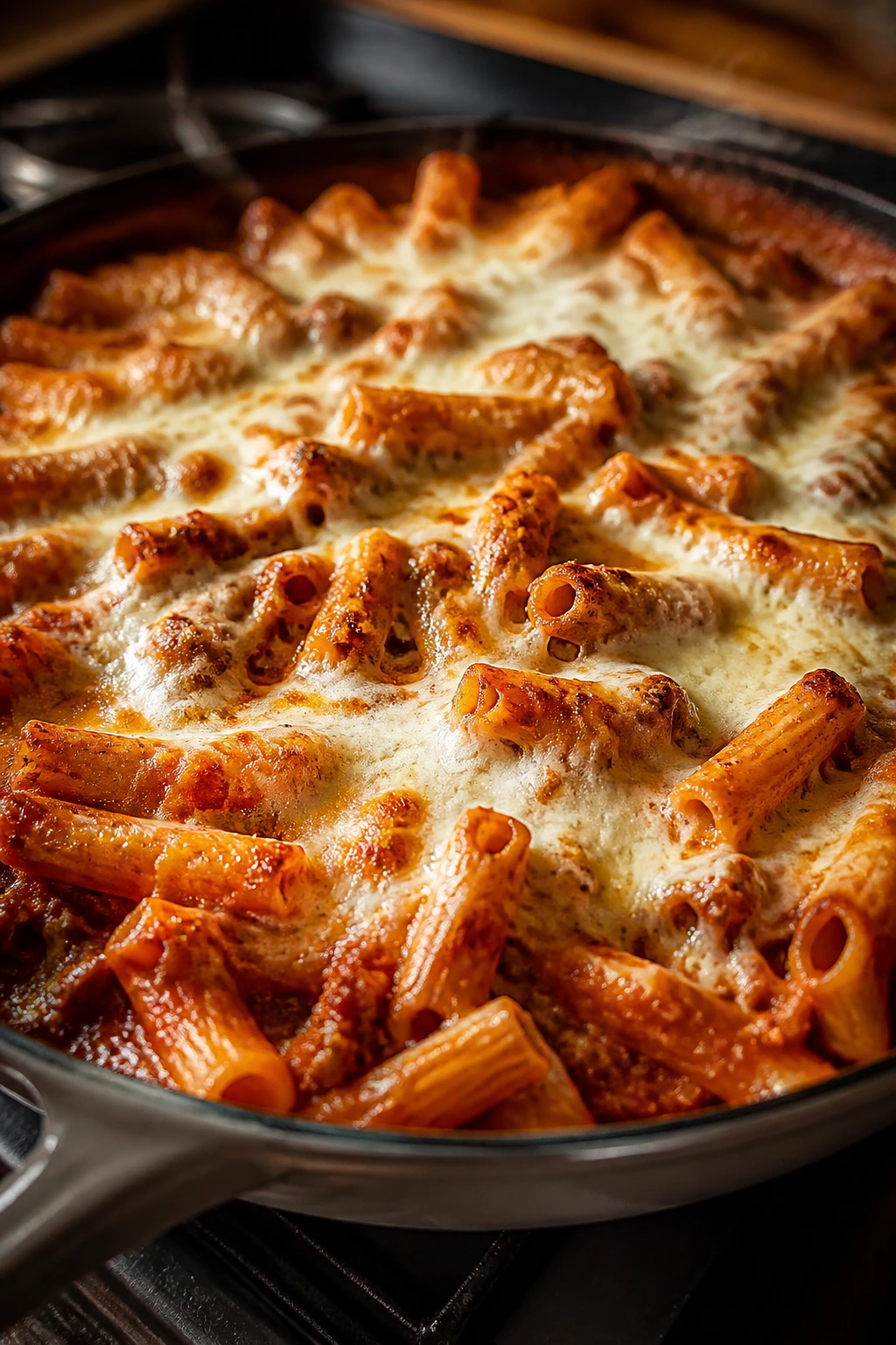 One-pan baked ziti with bubbling cheese and browned edges