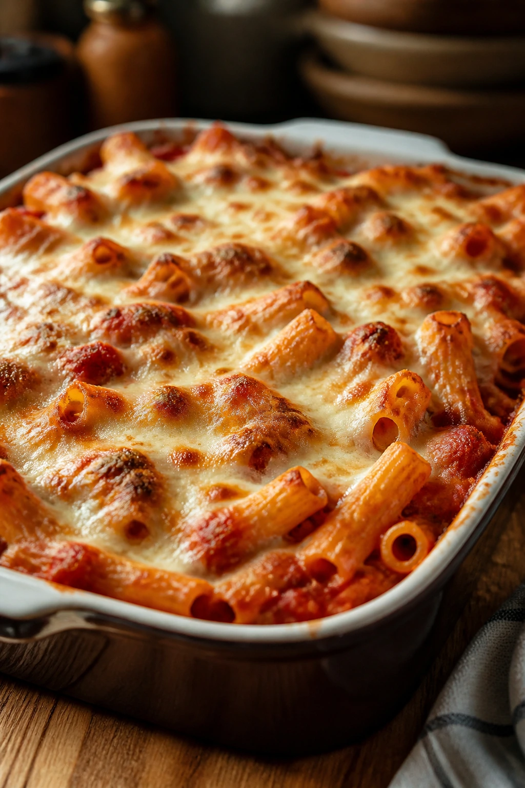 Close-up of baked ziti with browned cheese in a baking dish