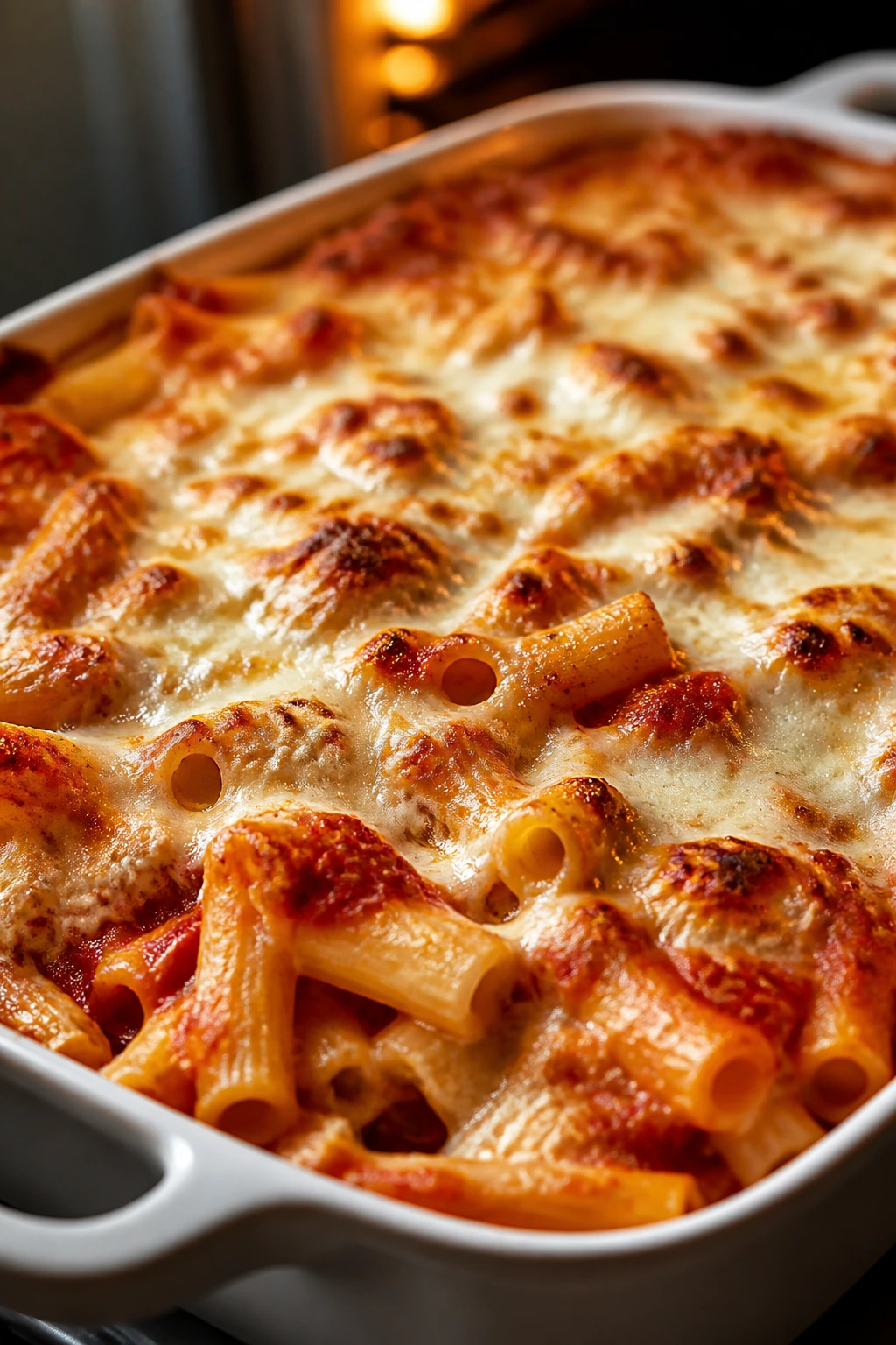 Close-up of bubbling cheesy baked ziti in a baking dish with melted cheese