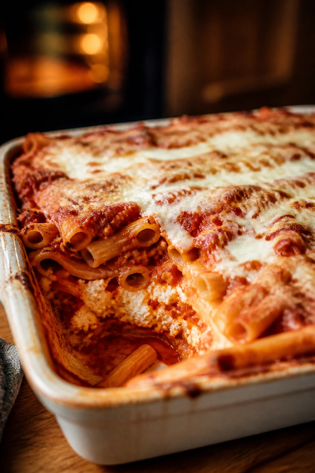 Close-up of bubbling baked ziti with melted cheese in a casserole dish