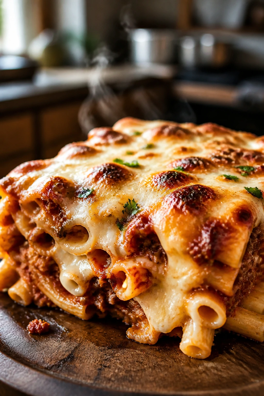 Close-up of baked ziti with browned cheese top