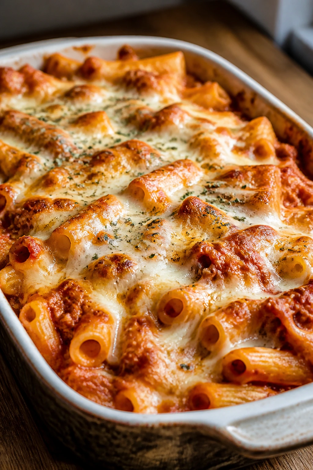 Close-up of bronzed baked ziti with melted cheese in a ceramic dish on a warm kitchen counter