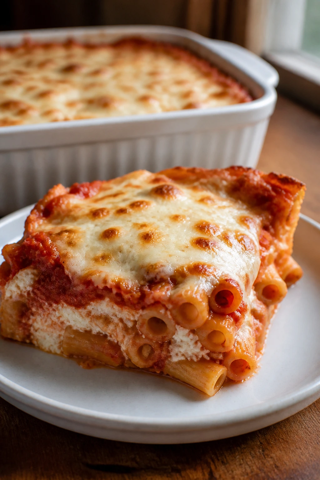 Close-up of baked ziti in a ceramic baking dish with melted cheese and tomato sauce visible.