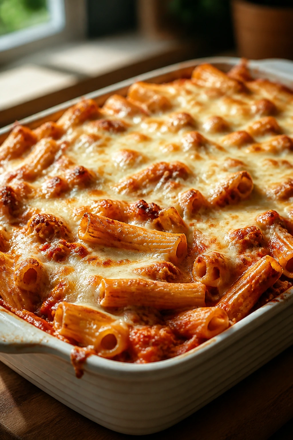 Close-up of bubbling baked ziti with melted mozzarella in a baking dish.