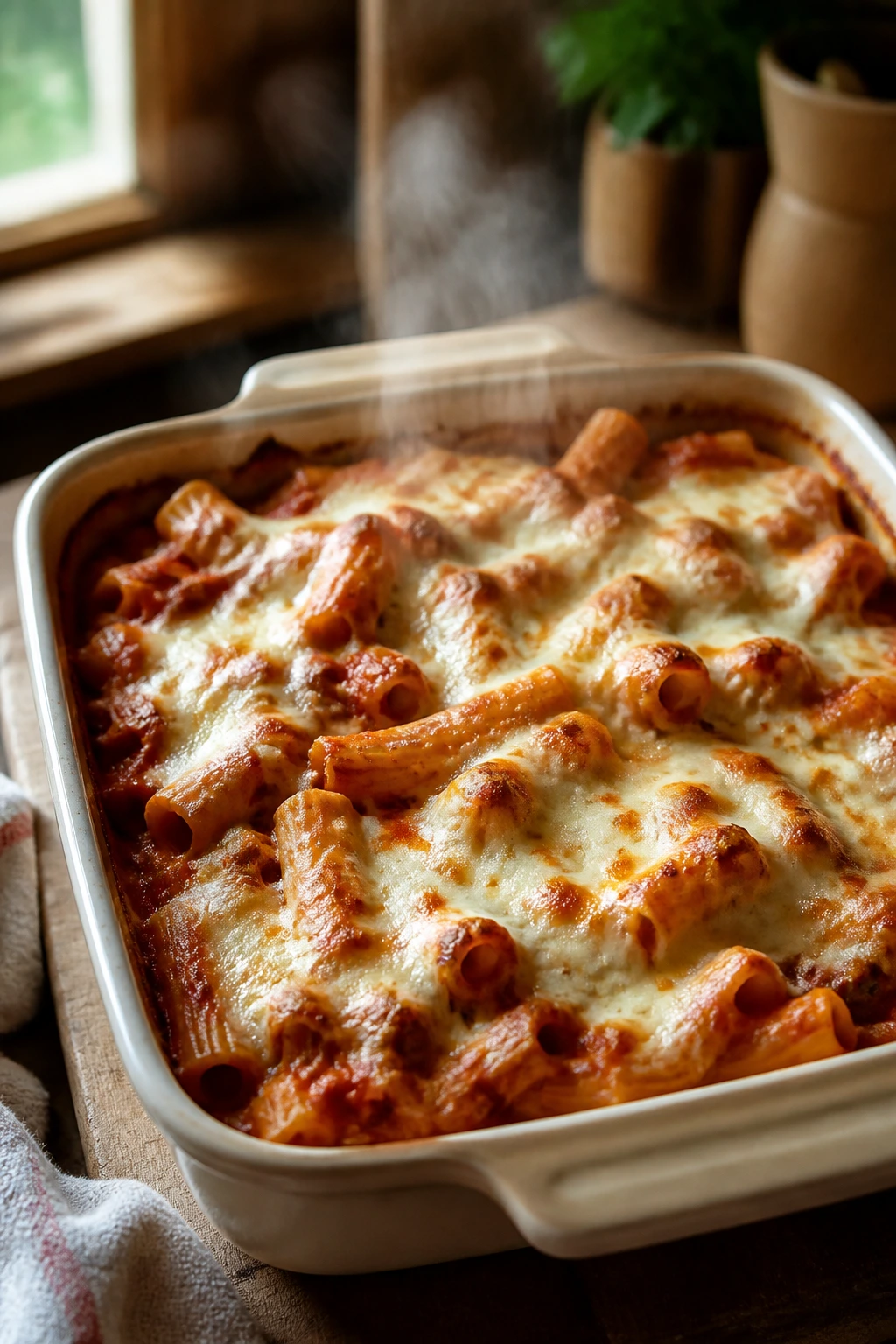 Baked ziti in a casserole dish with melted cheese