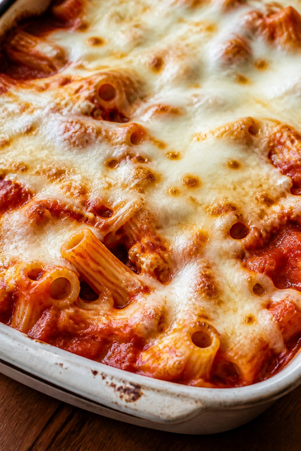 Top view of baked ziti with melted mozzarella and marinara.