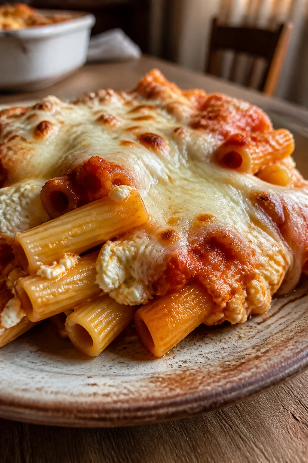 Close-up of baked ziti with ricotta and mozzarella on a plate