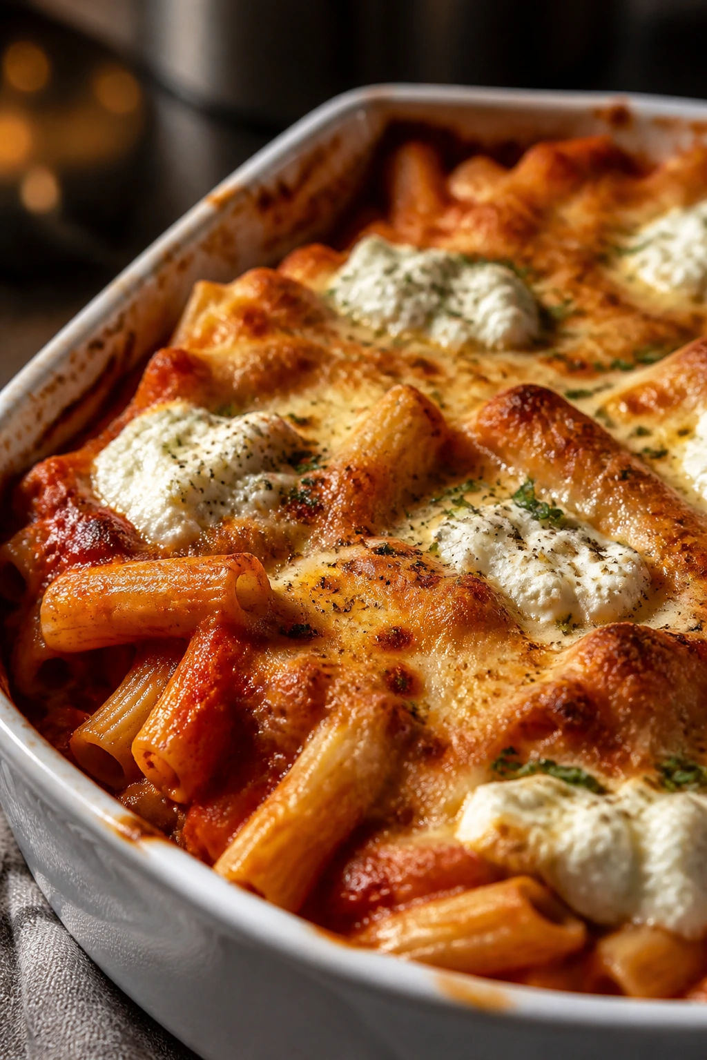 Close-up of baked ziti with ricotta cheese in a warm kitchen