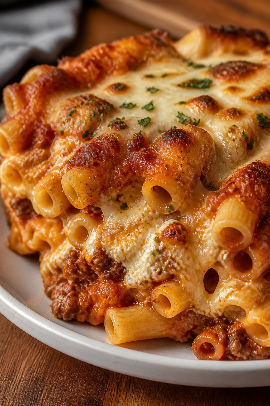 Slice of baked ziti with ricotta and melted mozzarella on a plate