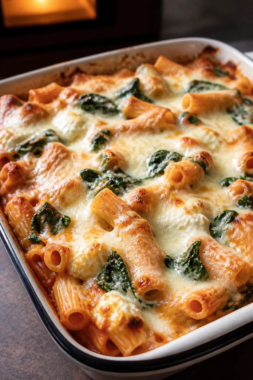 Baked ziti with ricotta and spinach in a bubbling casserole