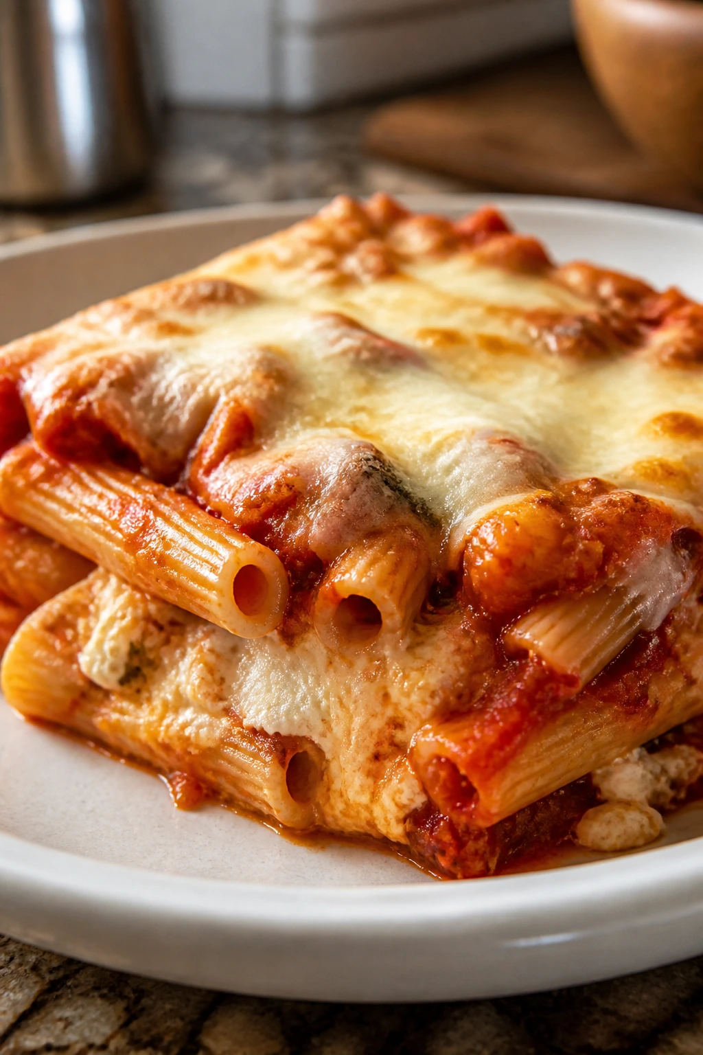 Baked ziti with ricotta on a plate