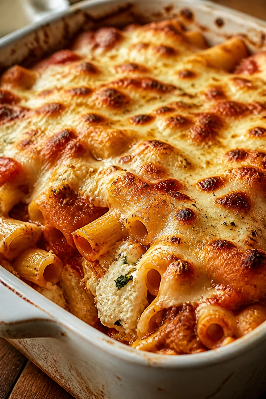 Baked ziti with ricotta in a casserole on a warm kitchen table