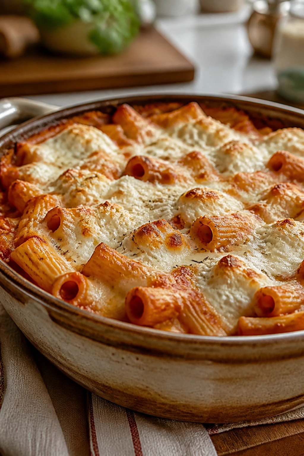 Close-up of baked ziti with ricotta and browned mozzarella in a ceramic dish