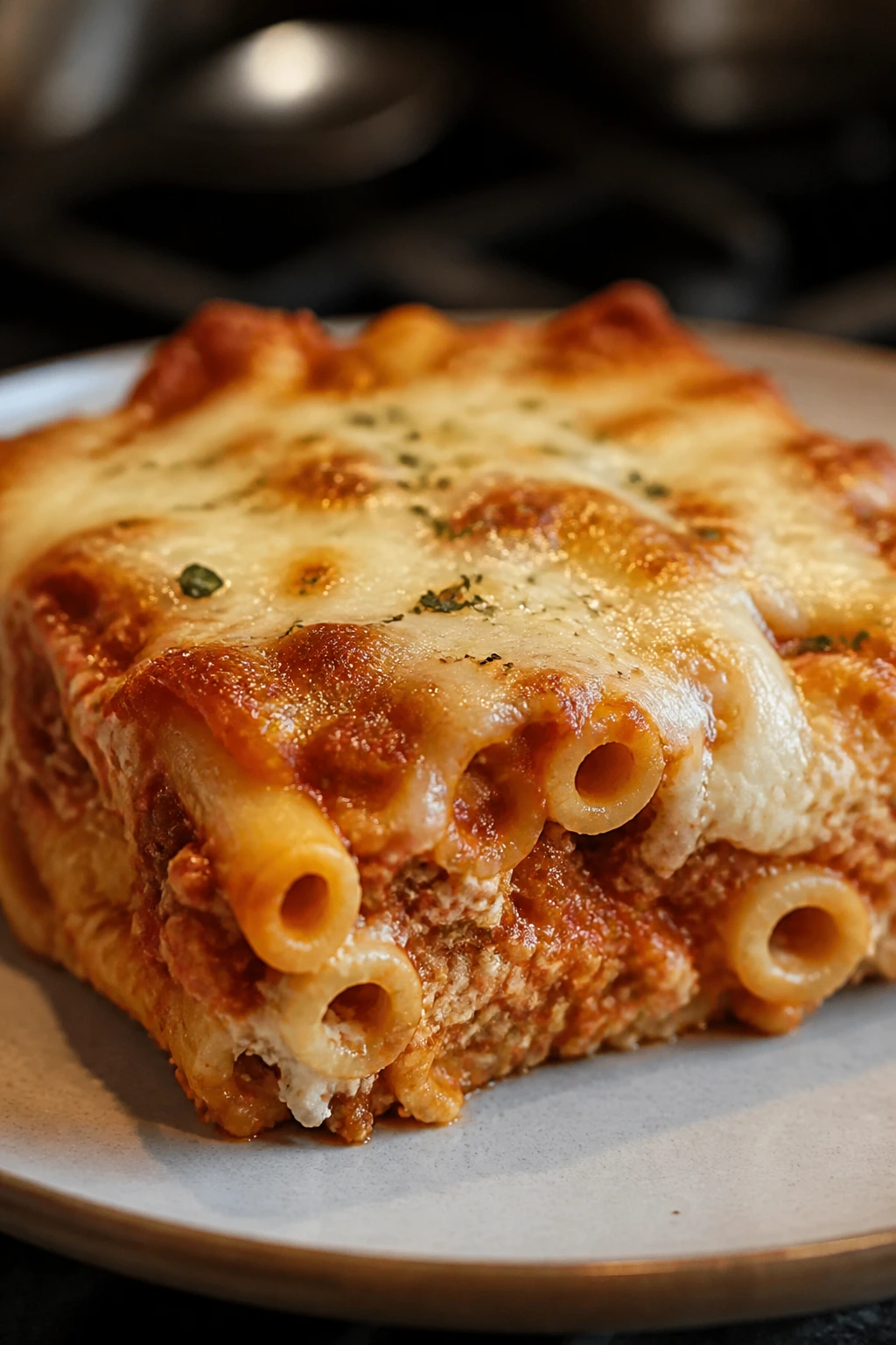 Cheesy baked ziti slice on a plate with melted cheese