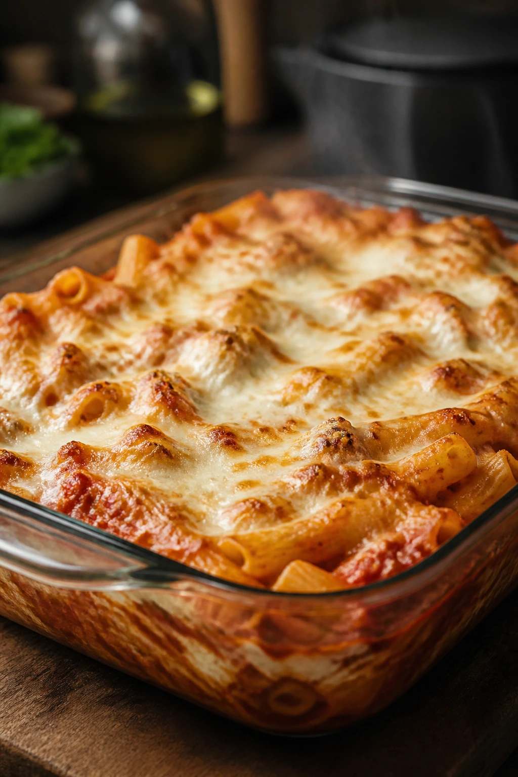 Close-up of bubbling baked ziti with ricotta and mozzarella
