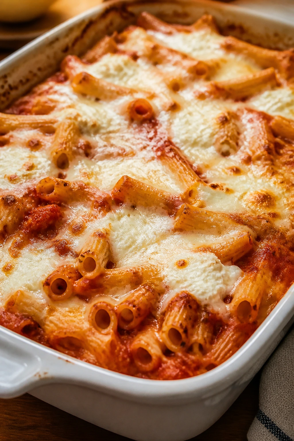 Baked ziti in a baking dish with cheese