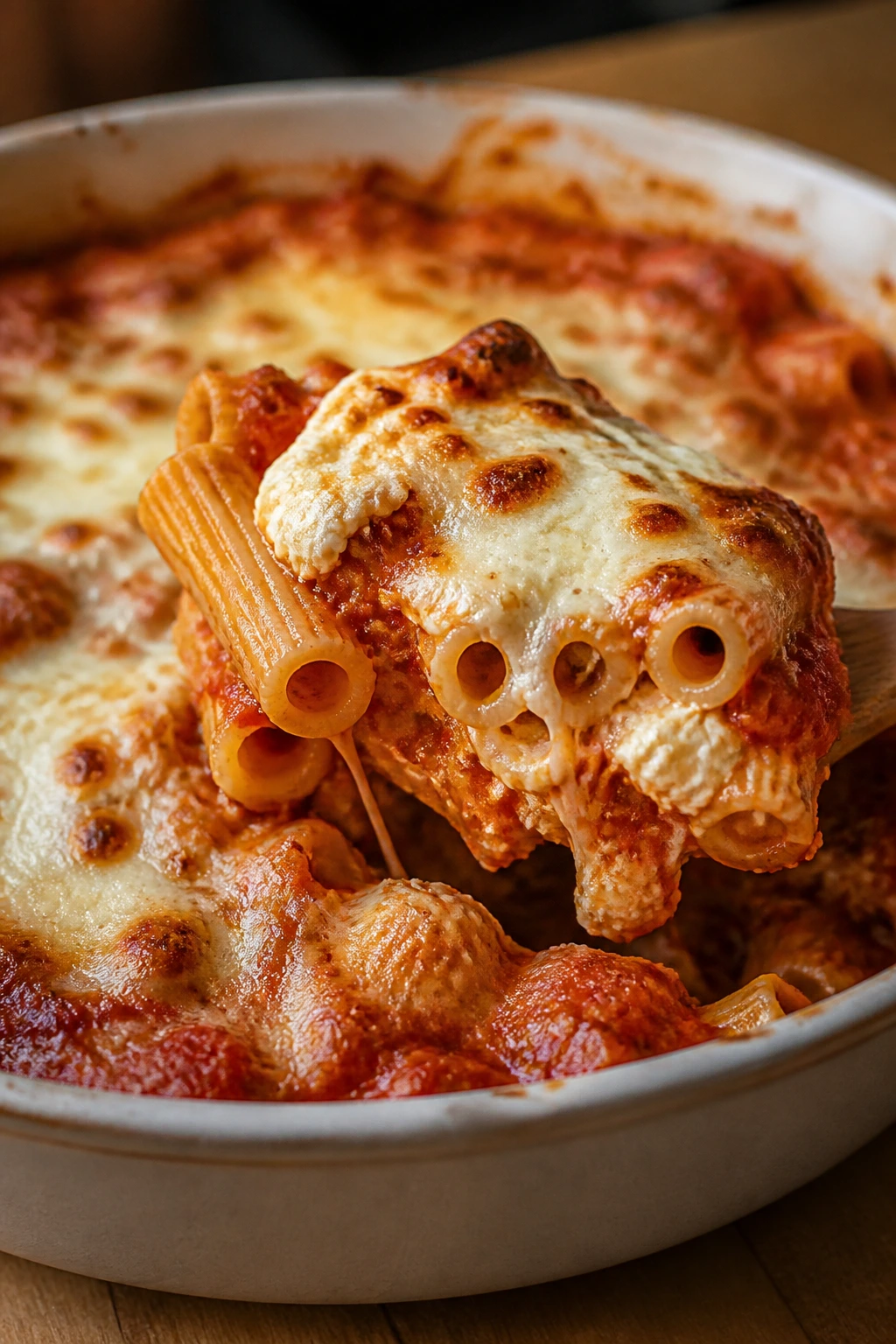 Close-up of baked ziti with ricotta and melted mozzarella in a baking dish