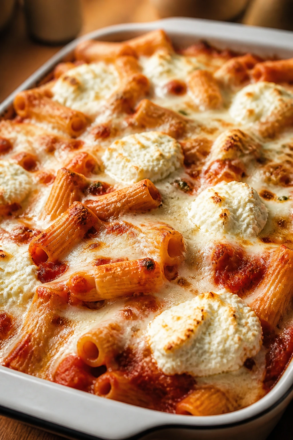 Baked ziti with ricotta and mozzarella bubbling in a dish