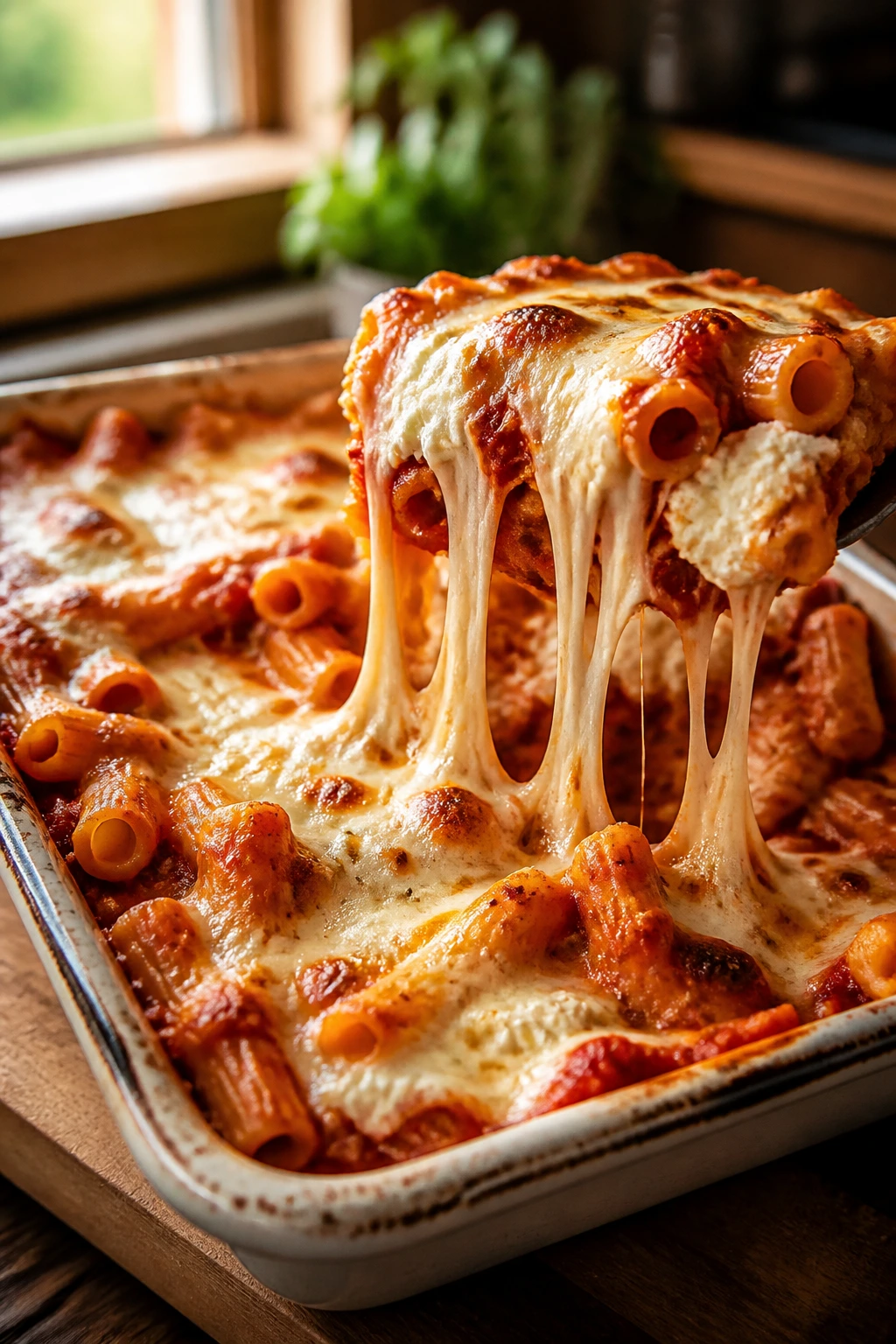 Close-up of baked ziti with ricotta and mozzarella in a baking dish