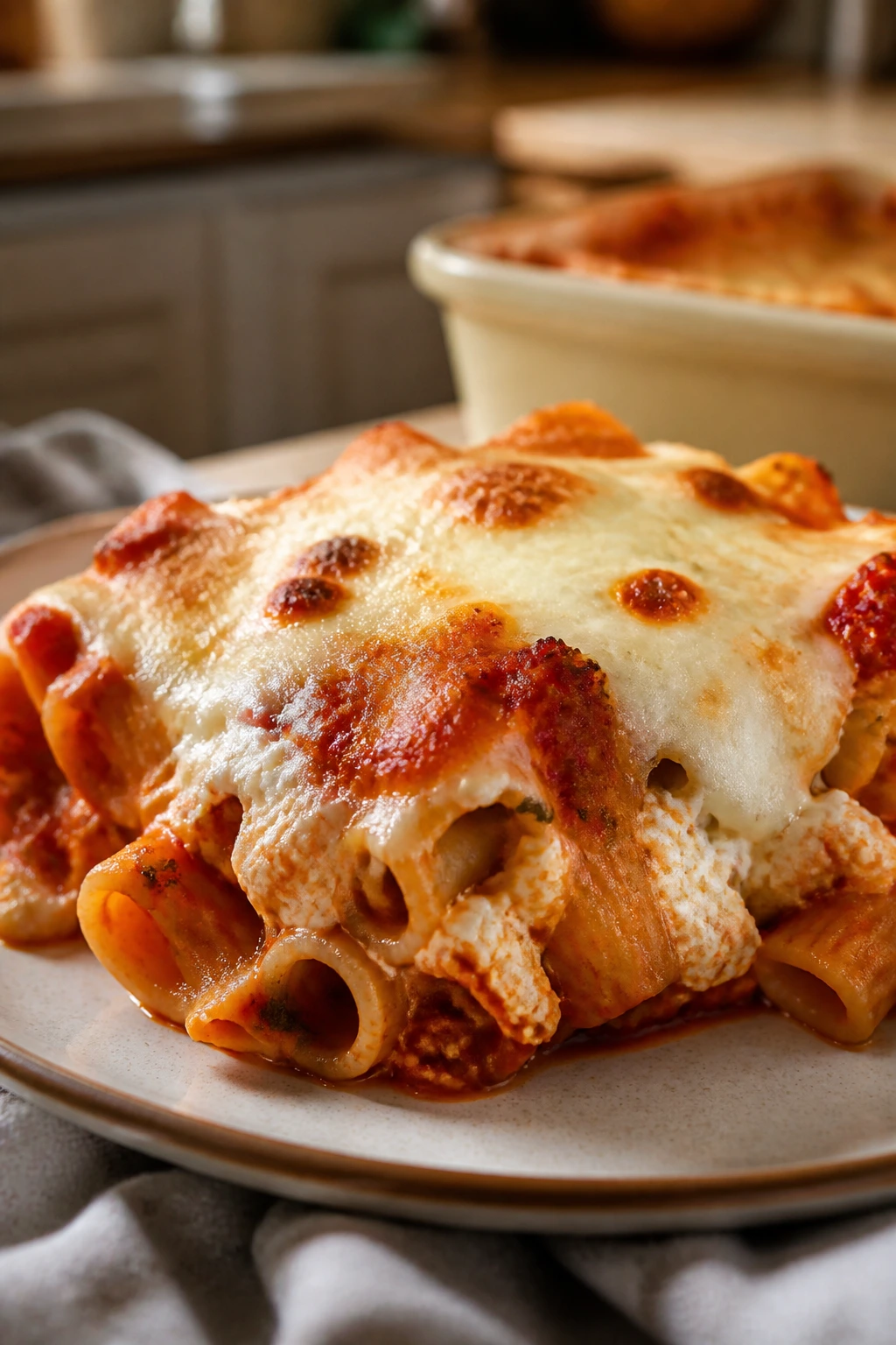 Close-up of baked ziti with ricotta and mozzarella on a plate