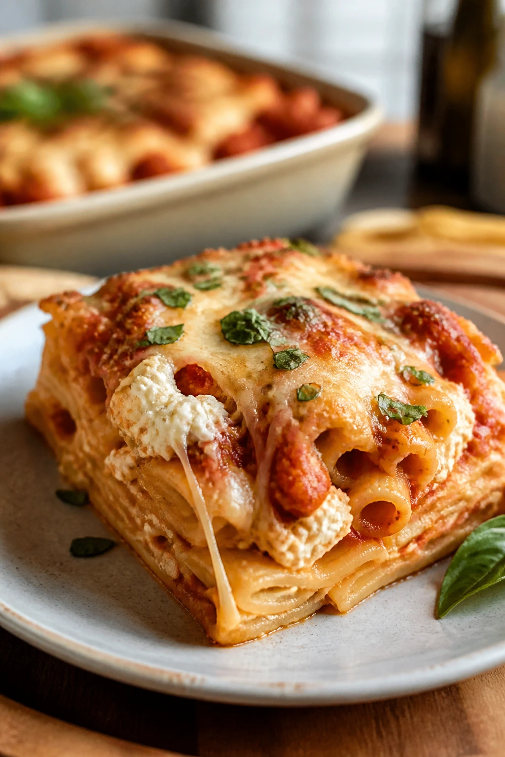 Slice of baked ziti with ricotta on plate