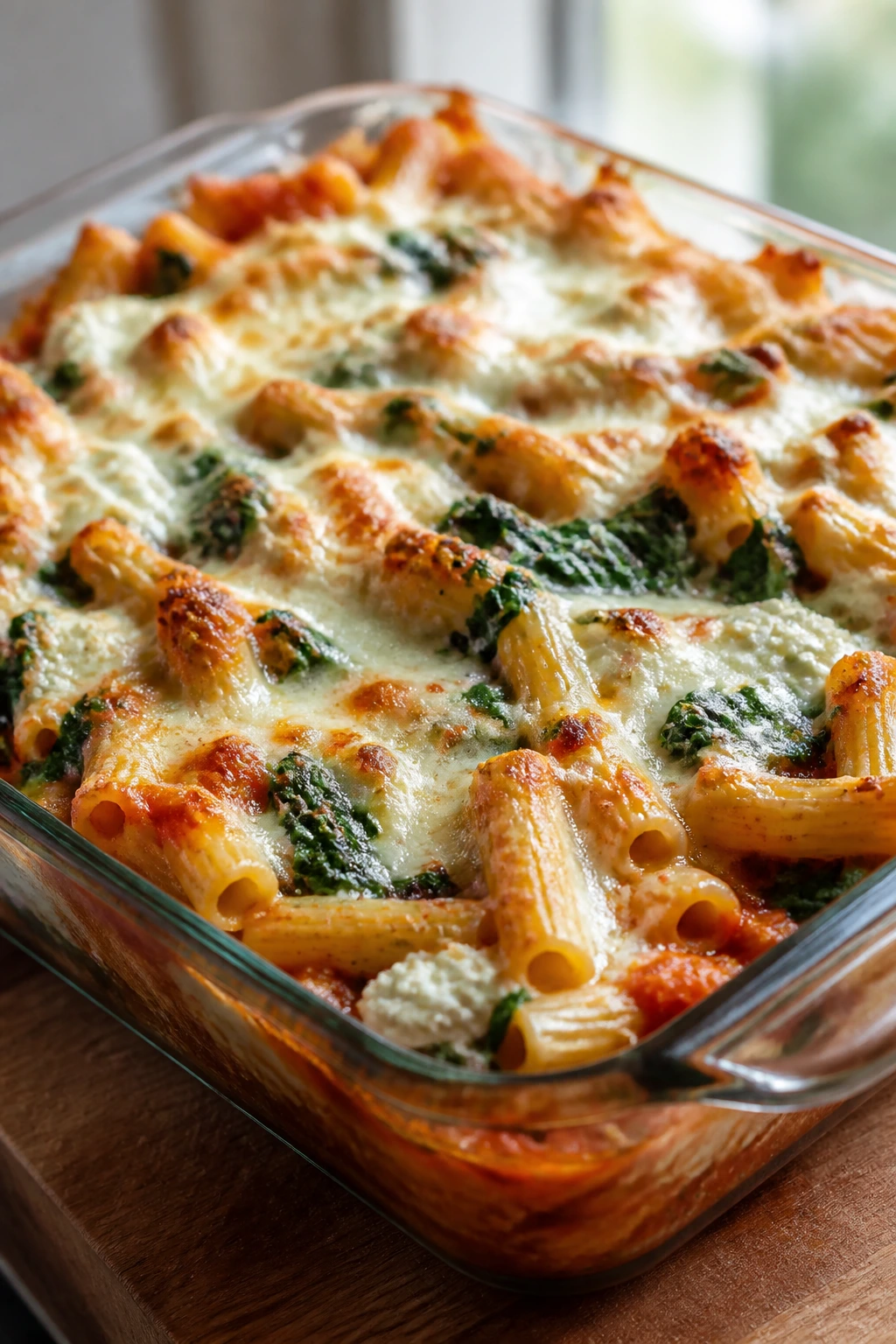Bubbling baked ziti with ricotta and spinach in a glass dish